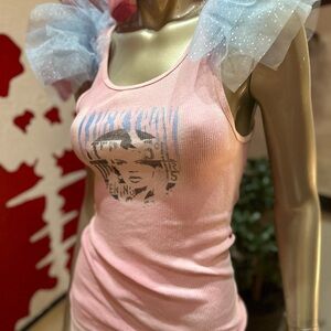 ⚡️Chic Pink Brigitte Bardot Graphic Distressed Tank Top with Tulle Accents M